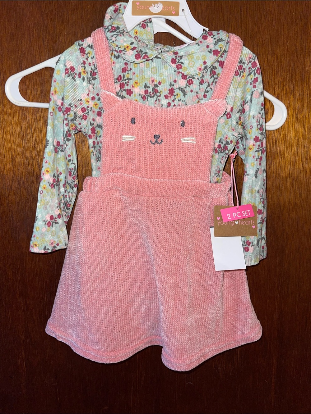 Pink Corduroy Bunny Pinafore Dress & Floral Top - Pink
